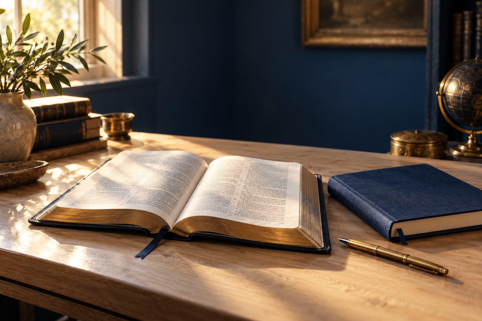 An open Bible, journal and pen ready for study